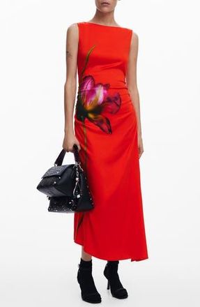 Desigual Placed Floral Sleeveless Asymmetric Midi Dress in Orange Red at Nordstrom Rack, Size Medium