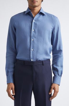 Thom Sweeney Linen Button-Up Shirt in Denim Blue at Nordstrom, Size 16.5