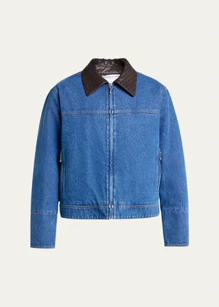 Bottega Veneta Mens Leather Intrecciato-Collar Denim Jacket