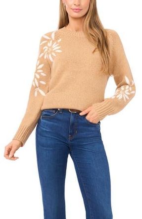 Halogen Embroidered Floral Sweater in Latte Heather at Nordstrom Rack, Size Small