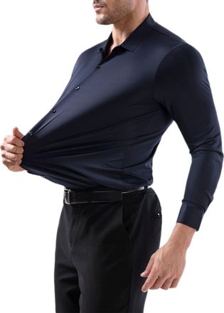 Generic Muscle Fit Long Sleeve Dress Shirt for Men, Stretch Solid Non-Iron Anti-Wrinkle Shirts, Lapel Elastic Blouse Business Tops (Navy,L)