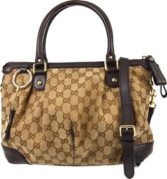 Gucci Sukey Top Handle Satchel Gg Tweed Beige Canvas Handbag (Pre-Owned)