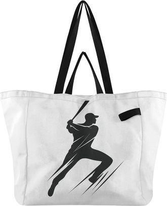 Generic Baseball Player White print Reusable Canvas Tote Bag, Heavy Duty Grocery Shopping Bag with Hard Bottom Large Capacity Double Handles Work Groceries Tr