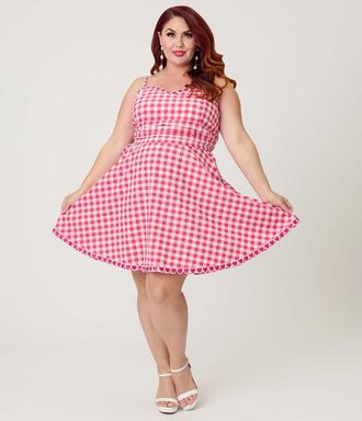 Unique Vintage Plus Size 1950s Sleeveless Cotton Flare Dress in Pink Gingham W/hearts at Nordstrom, Size 2 X