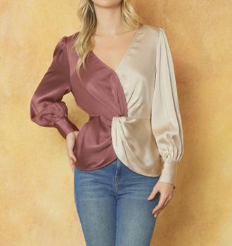 Entro Satin Colorblock V-Neck Long Sleeve Top In Beige/mocha