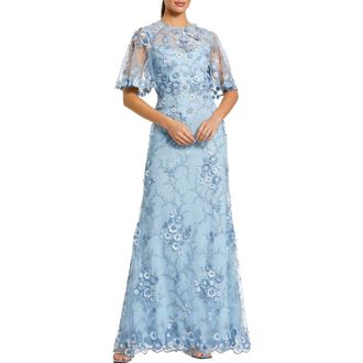 Mac Duggal Womens Flutter Sleeve Floral Emboridered Net Gown in French Blue at Nordstrom, Size 20