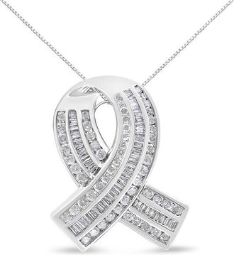 House of Brilliance 14K White Gold 2 5/8 Cttw Round and Baguette Diamond Awareness Ribbon Pendant- Chain Not Included