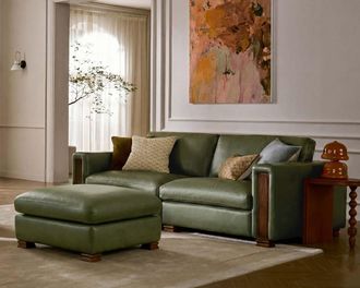 Castlery Tan France Kagan Leather Sofa with Ottoman, Lugano Moss for Men, American Top-Grain Leather, Modular Design, Green