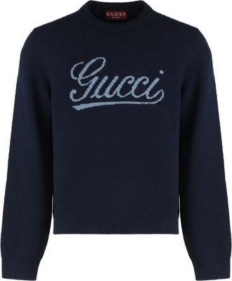 Gucci Gebreide wollen trui met intarsia - Heren - Ronde hals truien - Blauw - S - Wol - Truien & Vesten