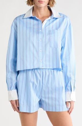 French Connection Long Sleeve Stripe Double Collar Button-Up Shirt in Blue Multi Stripe at Nordstrom Rack, Size X-Small