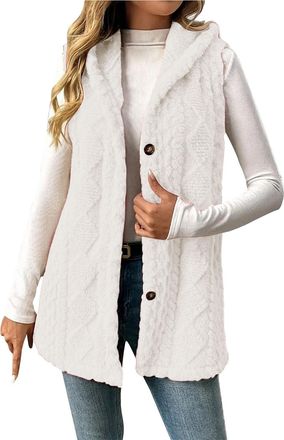 Generic White Womens Fleece Gilets - Cable Knitted Waistcoat, Hooded, Button Down, Loose Fit, Plus Size, Casual Sleeveless Jackets, Winter Warm Bodywarmer Air