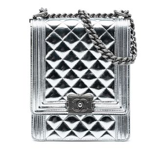 Chanel Pre-owned Womens Quilted Metallic Calfskin North South Boy Flap - Silver Leather - One Size