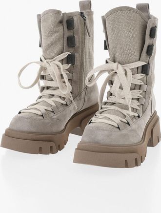 Brunello Cucinelli Anfibi in Suede e Tessuto con Strass e Suola Track Brunello Cucinelli
