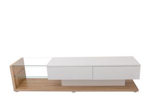 STILVORA Mueble Tv Con 2 Cajones, 2 Estantes De Cristal Y Led, Blanco Brillo Con Efecto Madera, 170&times;36&times;38 Cm, De Aglomerado