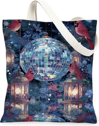 Generic Winter Floral Canvas Tote Bags, Vintage Birds Lantern Pattern Reusable Grocery Bags, Lightweight Washable Shoulder Strap Canvas for Travel Outdoor Bea