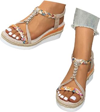 Generic Bohemian Beach Sandals for Women 2026,Platform Sandals Women Summer Dressy,Rhinestone Beaded Elastic Ankle Strap Flip Flops Open Toe Summer Beach Flat