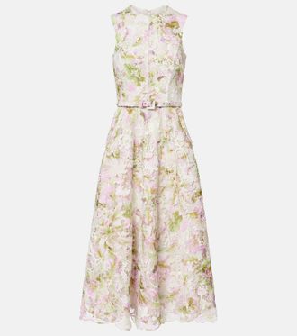 Monique Lhuillier Belted lace midi dress