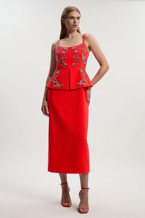 Karen Millen Womens Crystal Embellished Peplum Bandeau Pencil Midi Dress - Red - Size 10 UK