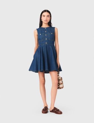 Maje Short Flared Denim Dress - Navy - Maje