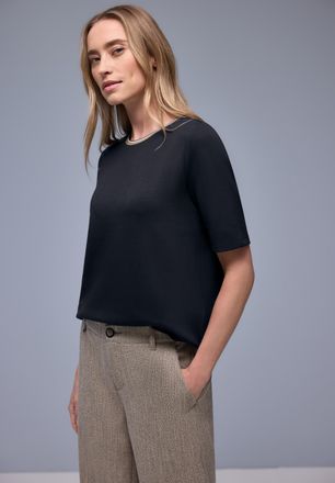 Street One Rundhalsshirt STREET ONE, Damen, Gr. 40, shadowed navy, Jersey, Obermaterial: 48% Polyester, 48% Viskose, 4% Elasthan, unifarben mit Farbeinsatz, norm