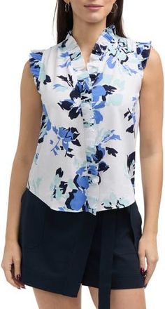 Ellen Tracy Ruffle Linen Blend Shirt in Azure Bouquet at Nordstrom Rack, Size X-Small