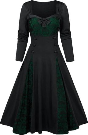 Generic Gothic Winter Dresses for Women, Square Neck, Patchwork, Elegent Velvet, Double Breasted, Vintage Witchy Dresses, Ball Gown Dress, for Wedding, Guest 
