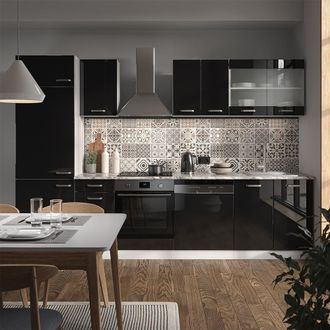 Vicco Mueble De Cocina R-line, Negro Brillo/blanco, 300 Cm Sin Encimera