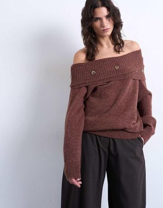 Topshop Top a fascia in maglia con bottoni-Marrone