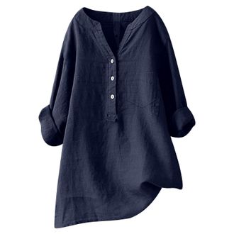 Generic Women Loose Solid Linen Shirt Long Sleeve Button Up Mandarin Collar Top Athletic Short Sleeve Shirt Women Navy