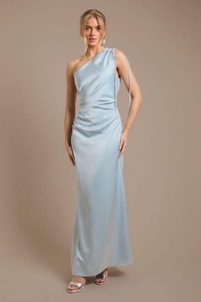 Oasis Womens Light Blue Ruched Side Detail One Shoulder Satin Maxi Bridesmaid Dress - Size 14 UK