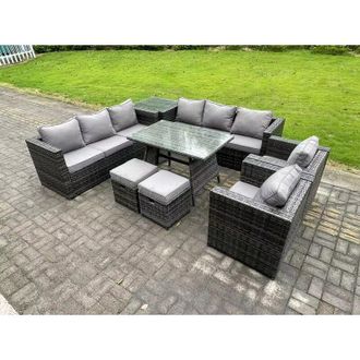 Fimous Fimous 10 Seater Wicker PE Rattan Outdoor Furniture Lounge Sofa Garden Dining Set with Dining Table Side Table Armchairs 2 Stools Dark Grey Mixed