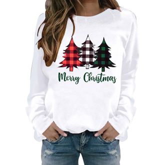 Generic Ladies Fashion Round Neck Merry Christmas Tree Print Long Sleeve Top Sweatshirt Womens Sweatshirts Long Sleeves Pullovers Top (White, M)
