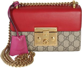 Gucci Brown, Pink, Red Coated Canvas & Leather Gg Supreme Small Padlock Shoulder Bag (Authentic Pre-Loved)