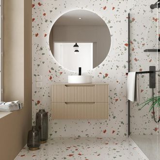 Aurlane Mueble De Ba&ntilde;o 80cm Marr&oacute;n Glac&eacute; - Cajones Ondulados - Lavabo Redondo &Oslash;36cm