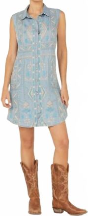 Scully Embroidered Button Front Denim Mini Dress In Blue
