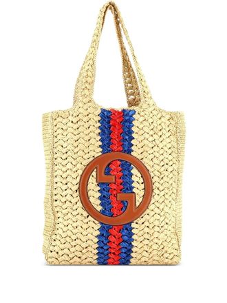 Gucci Blondie NM Open Raffia Small tote bag - women - Raffia/COTTON/ STRAW - One Size - Blue