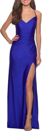La Femme Long Homecoming Dress with Slit and Criss Cross Back in Royal Blue at Nordstrom, Size 12