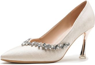Generic MiaZane Womens Satin Pointed Toe Slip On Stiletto Heels with Crystal Embellishment Bridal Pumps for Wedding Reception & Formal Banquet Memory Foam Cus