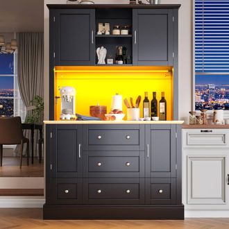 Matteo Tall Kitchen Cabinet - Black with LED Lighting & 5 Drawers