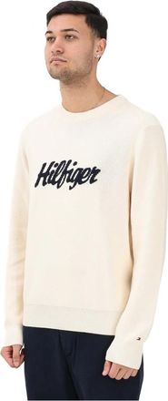 Tommy Hilfiger Intarsia Script Logo Sweater - Heren - Ronde hals truien - Beige - XL - Katoen - Truien & Vesten