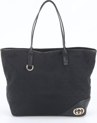 Gucci Black Leather Canvas Handbag Shoulder Bag Tote Bag (Pre-Owned)