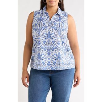 Sugarlips Romina Floral Print Sleeveless Top in Blue-Whte-Multi at Nordstrom, Size 3X