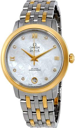 Omega De Ville Prestige Mother of Pearl Diamond Dial Steel and 18K Yellow Gold Ladies Watch 42420332055002