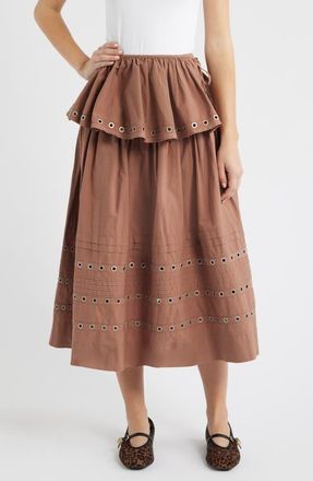 Damson Madder Anika Ruffle Grommet Organic Cotton Maxi Skirt in Tan at Nordstrom, Size 12 Us