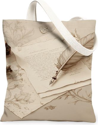 Generic Floral Canvas Tote Bags, Elegant Letter Design Reusable Shopping Bags, Classic Linen Lightweight Washable Shoulder Strap Fo, Beige, 13x15 Inch