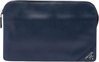 Prada Pre-owned Saffiano Clutch - Dames - Vintage Clutch - Blauw - ONE Size - Leer - Vintage
