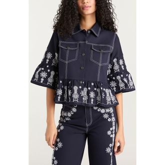 Cinq à Sept Eyelet Detail Stretch Cotton Jacket in Navy/White at Nordstrom Rack, Size X-Small