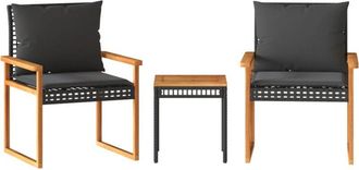 vidaXL Mesita Y Sillas Con Cojines 3 Pzas Rat&aacute;n Pe Madera Acacia Negro Vidaxl
