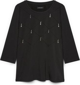 Fiorella Rubino Katoenen jersey T-shirt met ruitpatroon - Dames - Longsleeves - Zwart - M - Katoen - Tops