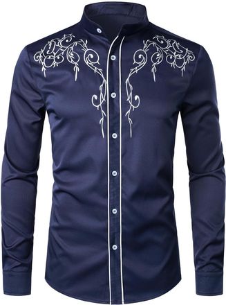 Generic Cowboy Shirt Mens Stylish Western Cowboy Shirt Embroidered Slim Fit Casual Long Sleeve Shirts Mens Wedding Party Shirts for Men